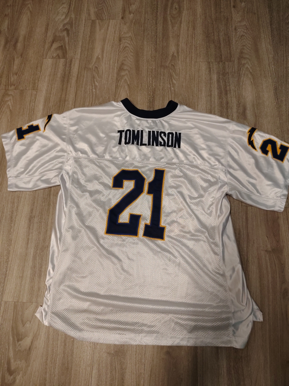 Men's White #21 Tomlinson Football Jersey with Navy and Gold Trim